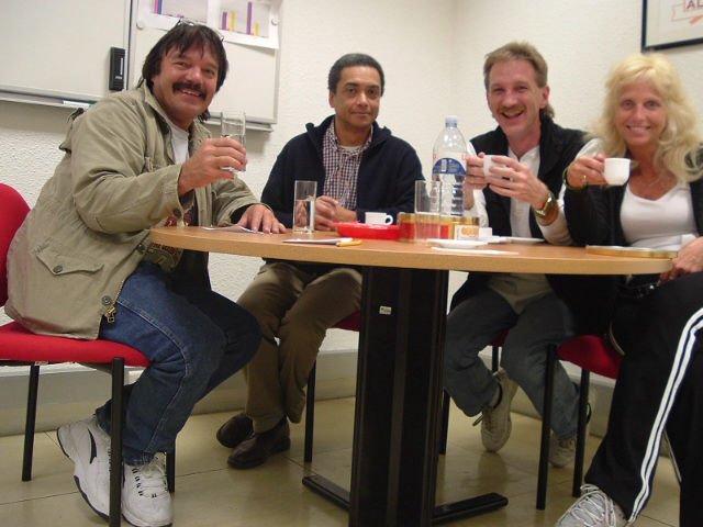 Rick, Rodney, Donna having coffee at Lisbon Airport