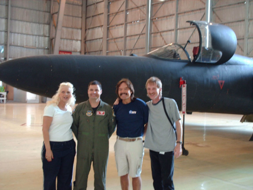 Donna Moore, Rick Moore, Rodney Kelley with the pilot of the U-2 plane at Akrotiri Air Force Base, Crete Greece